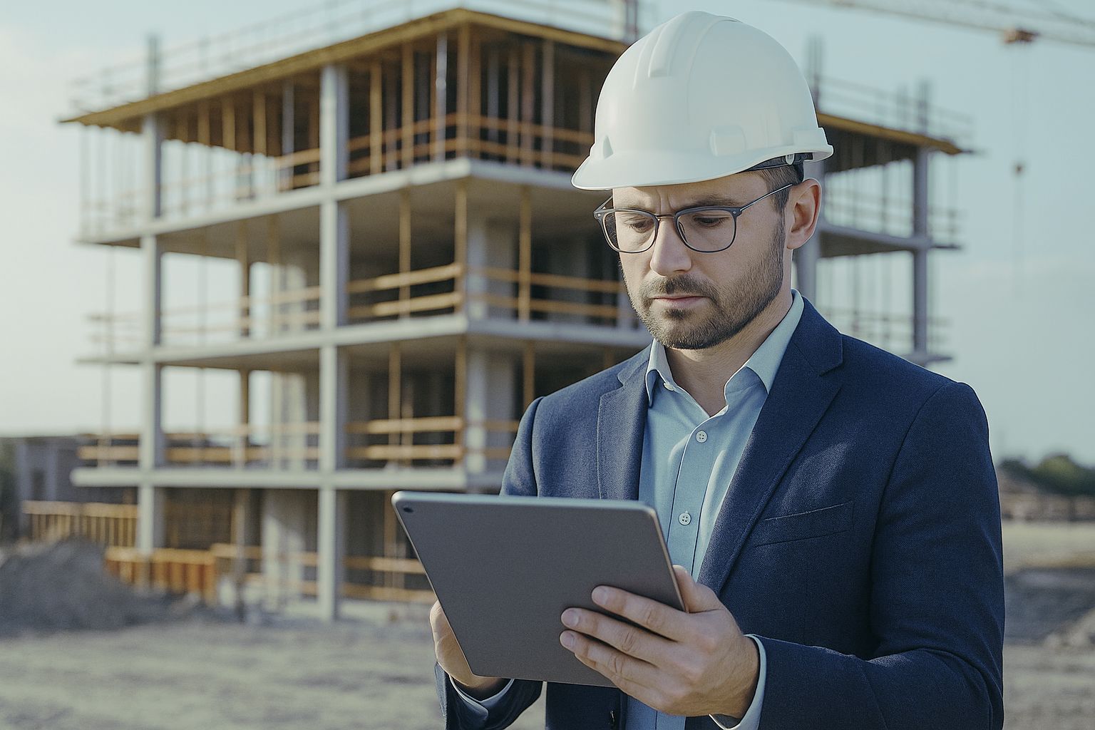 Bauleiter mit Schutzhelm prüft auf einer Baustelle Informationen auf einem Tablet vor einem im Bau befindlichen Betongebäude.
