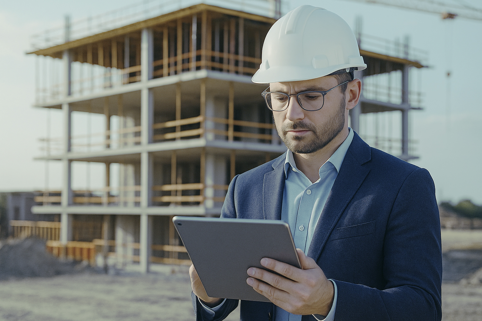 Bauleiter mit Schutzhelm prüft auf einer Baustelle Informationen auf einem Tablet vor einem im Bau befindlichen Betongebäude.